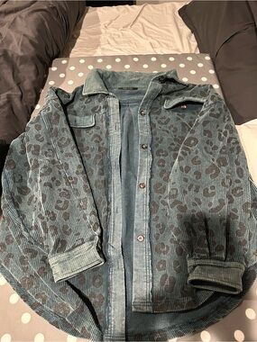Dressed in LALA Teal Corduroy Leopard Print Shacket